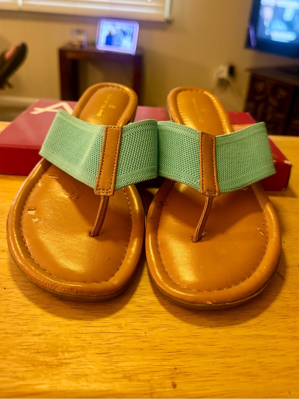 Bandolino Mint Green Fabric Strap Tan Leather-Trim Thong Sandals